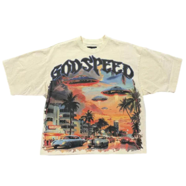 Bone Godspeed Miami UFO Tee with graphic of UFOs, Miami skyline, classic cars, palm trees at sunset. "GODSPEED" text above.
