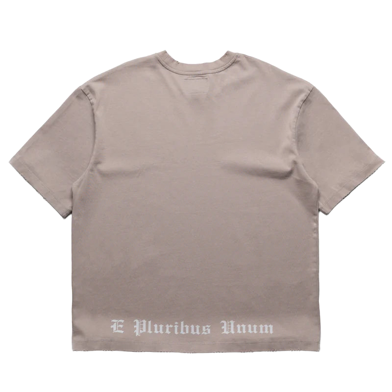 Stone wash Godspeed tee, back view. Distressed hems. White "E Pluribus Unum" in gothic font along the bottom back.