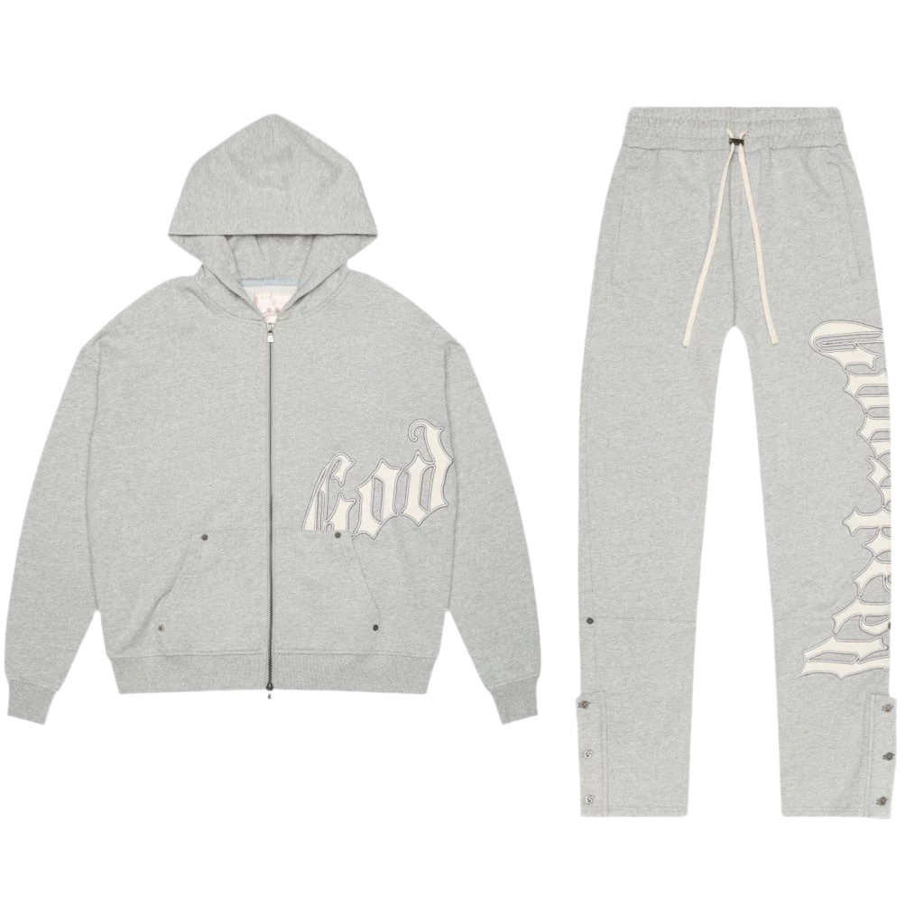 Godspeed V2 grey sweatsuit: full-zip hoodie with cream "God" logo, matching sweatpants with "speed" logo & side snap buttons.