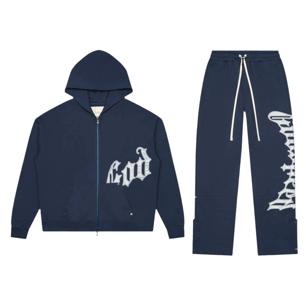 Navy Godspeed full-zip hoodie w/ distressed light gray "God" logo & matching sweatpants w/ vertical "Godspeed" logo & snap cuffs.