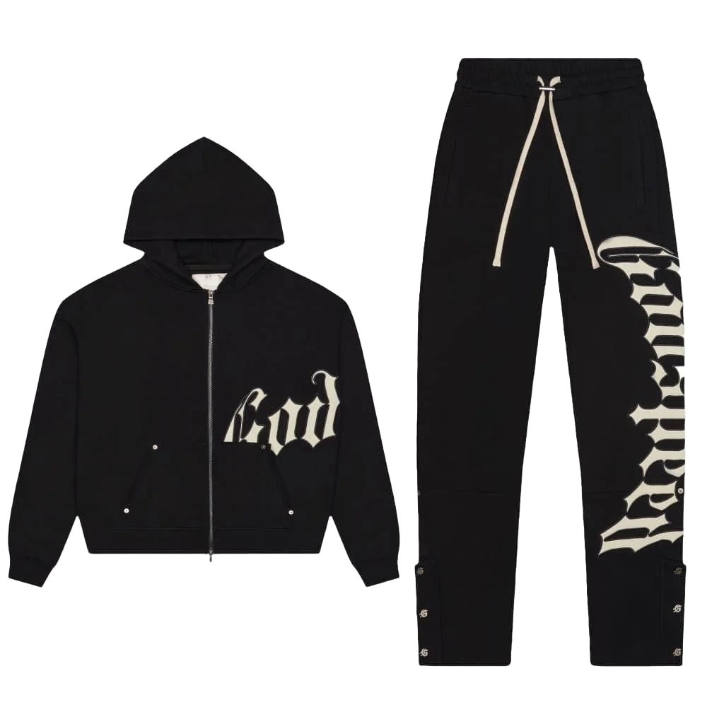 Black Godspeed sweatsuit: zip hoodie w/ cream 'God' logo & white drawstrings; sweatpants w/ 'speed' logo, white drawstrings & leg snap buttons.