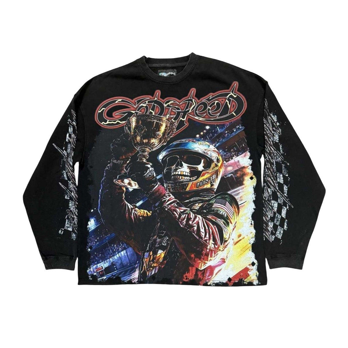 Black Godspeed Podium Dream L/S Tee with skull in racing helmet holding trophy graphic on front, checkerboard sleeves.
