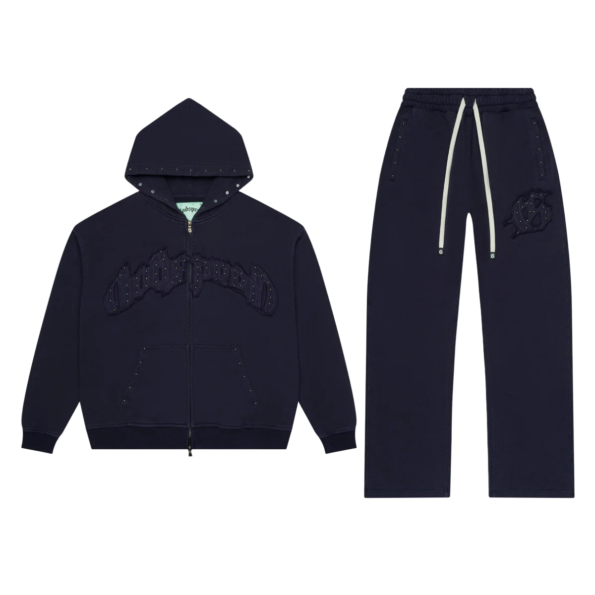 Godspeed Navy studded hoodie & sweatpants set. Full-zip hoodie has Godspeed logo; pants have G logo. Both feature symmetric studs, white drawstrings.