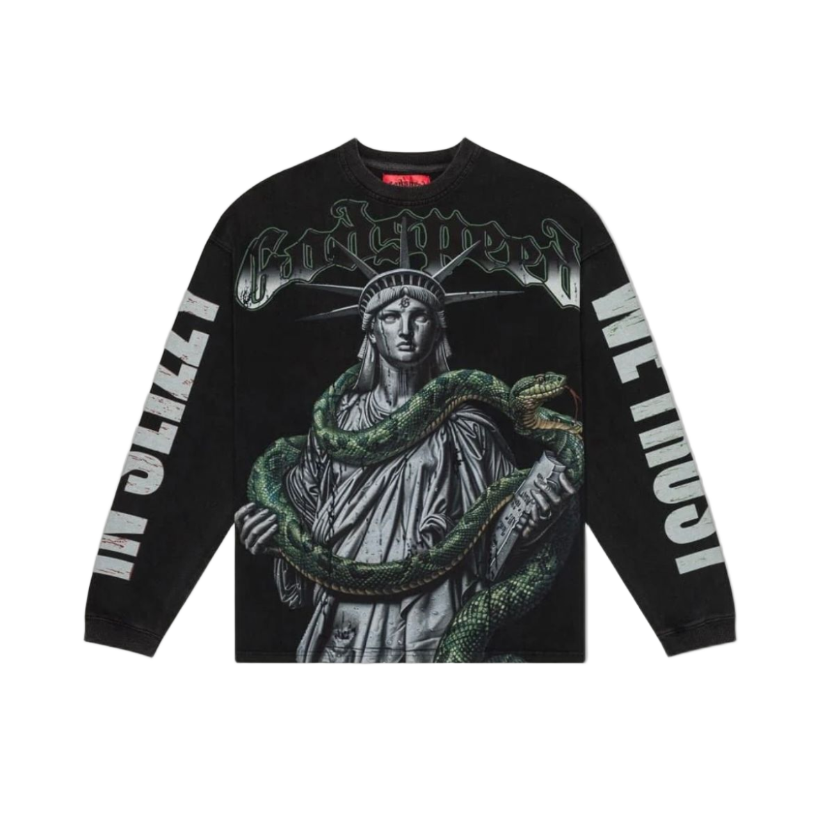 Godspeed washed black L/S tee with grey Statue of Liberty, green snake, and "Godspeed" text. "IN SLIZZY WE TRUST" on sleeves.