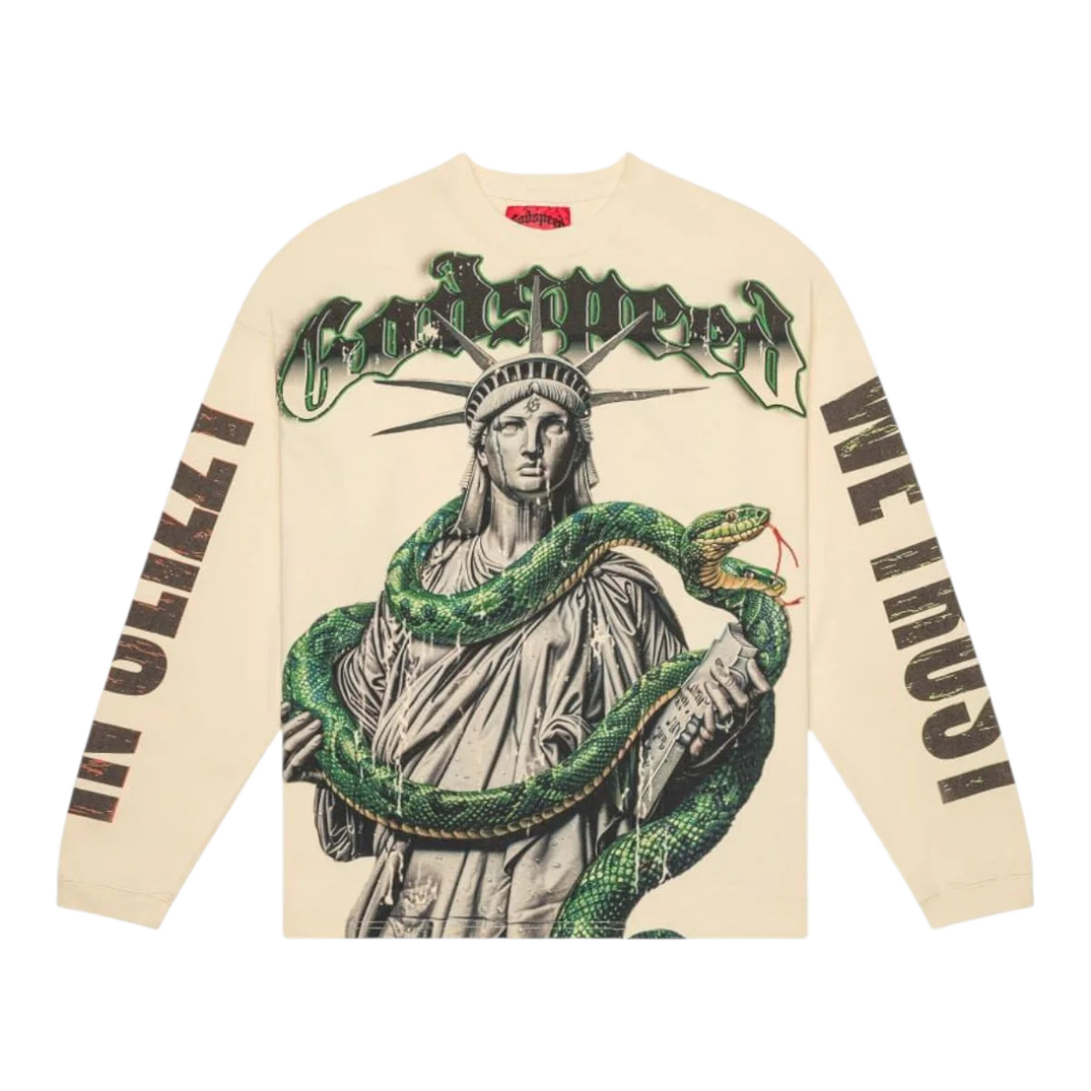 Bone Godspeed long sleeve tee with Statue of Liberty & green snake graphic. "Godspeed" on front; "IN SLIZZY WE TRUST" on sleeves.
