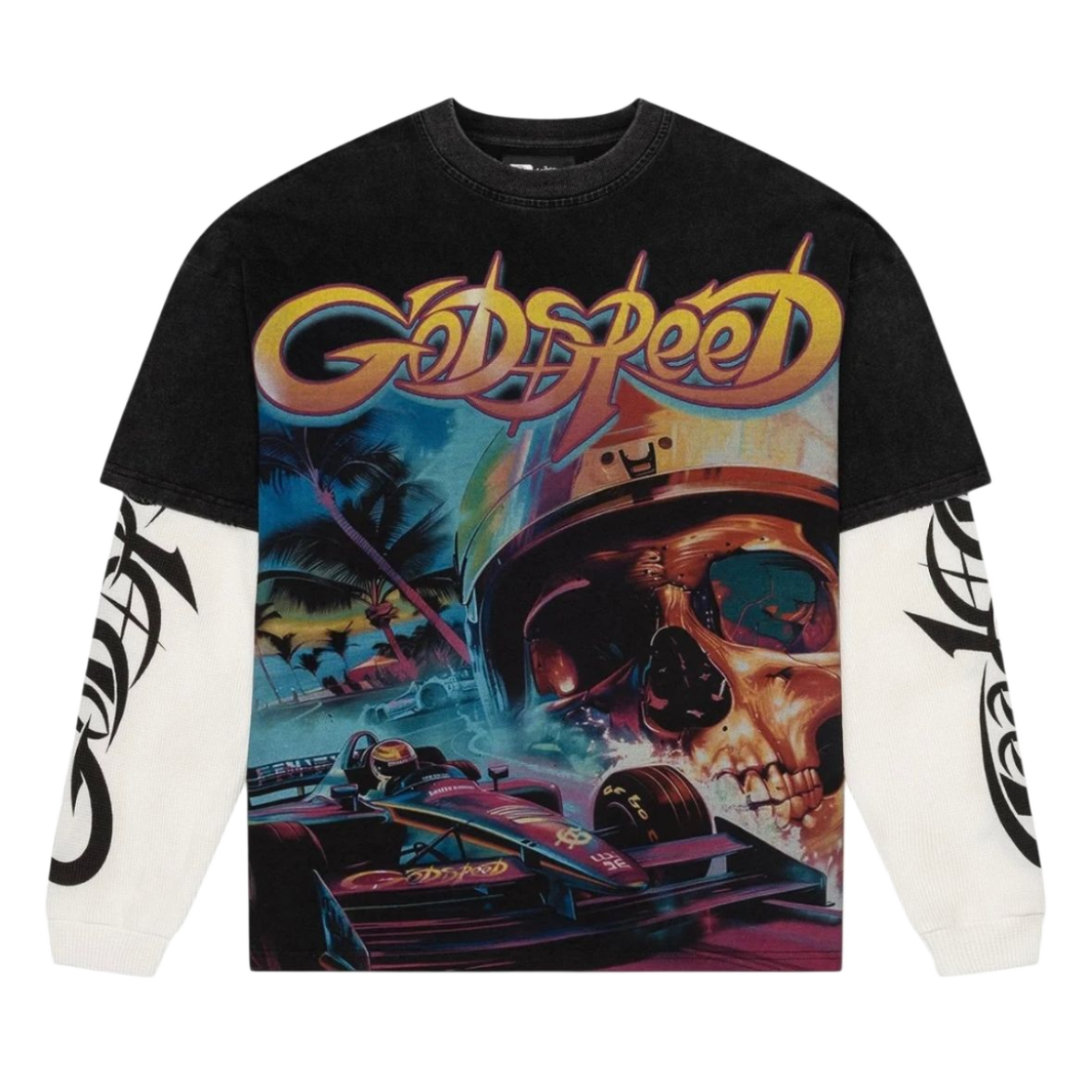 Godspeed - F1 Dreams black layered tee; short-sleeve over white long-sleeve, skull and F1 car graphic, tribal sleeves.