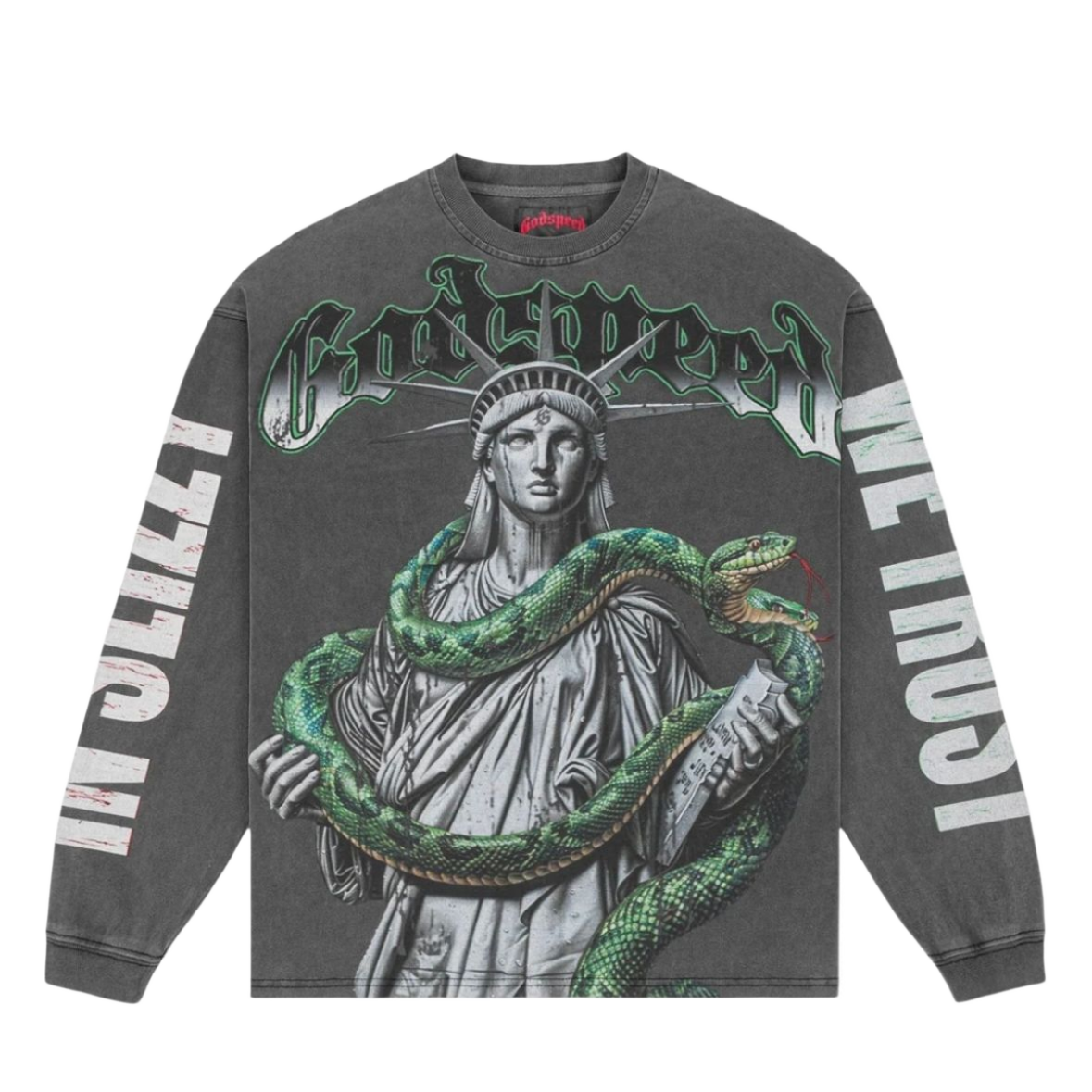 Grey distressed L/S tee with Statue of Liberty, two green snakes. Green "Godspeed" text. "IN SLIZZY" & "WE TRUST" on sleeves.