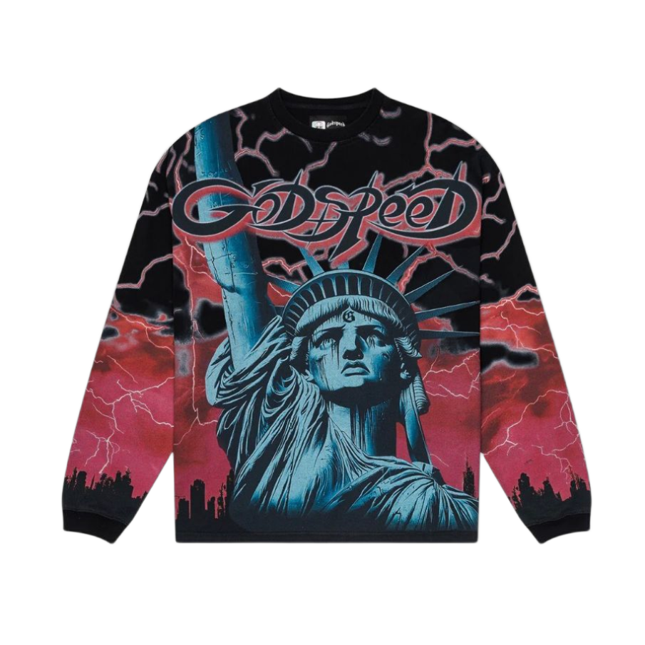 Godspeed Lady Liberty Voltage L/S Tee: Black with red & white lightning, blue crying Statue of Liberty, city skyline.