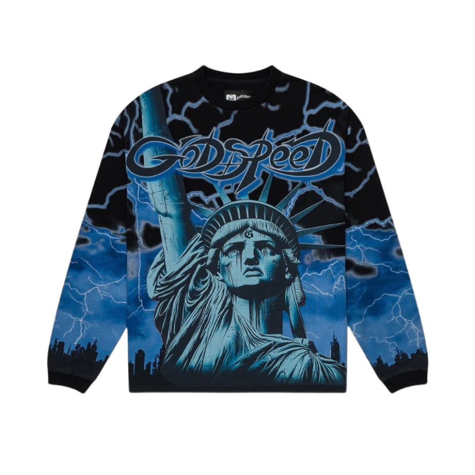 Godspeed black/blue L/S tee with tear-streaked Lady Liberty graphic & electrifying blue lightning.