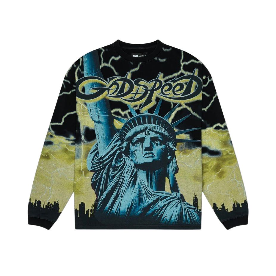 Godspeed black long sleeve tee with blue Lady Liberty, yellow lightning, and cityscape graphic.