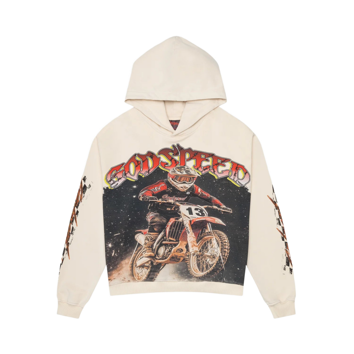 Bone Godspeed Motocross Hoodie. Front: "GOD SPEED" over a rider on a dirt bike in a dusty, dark scene. Sleeves have checkered flag patterns.