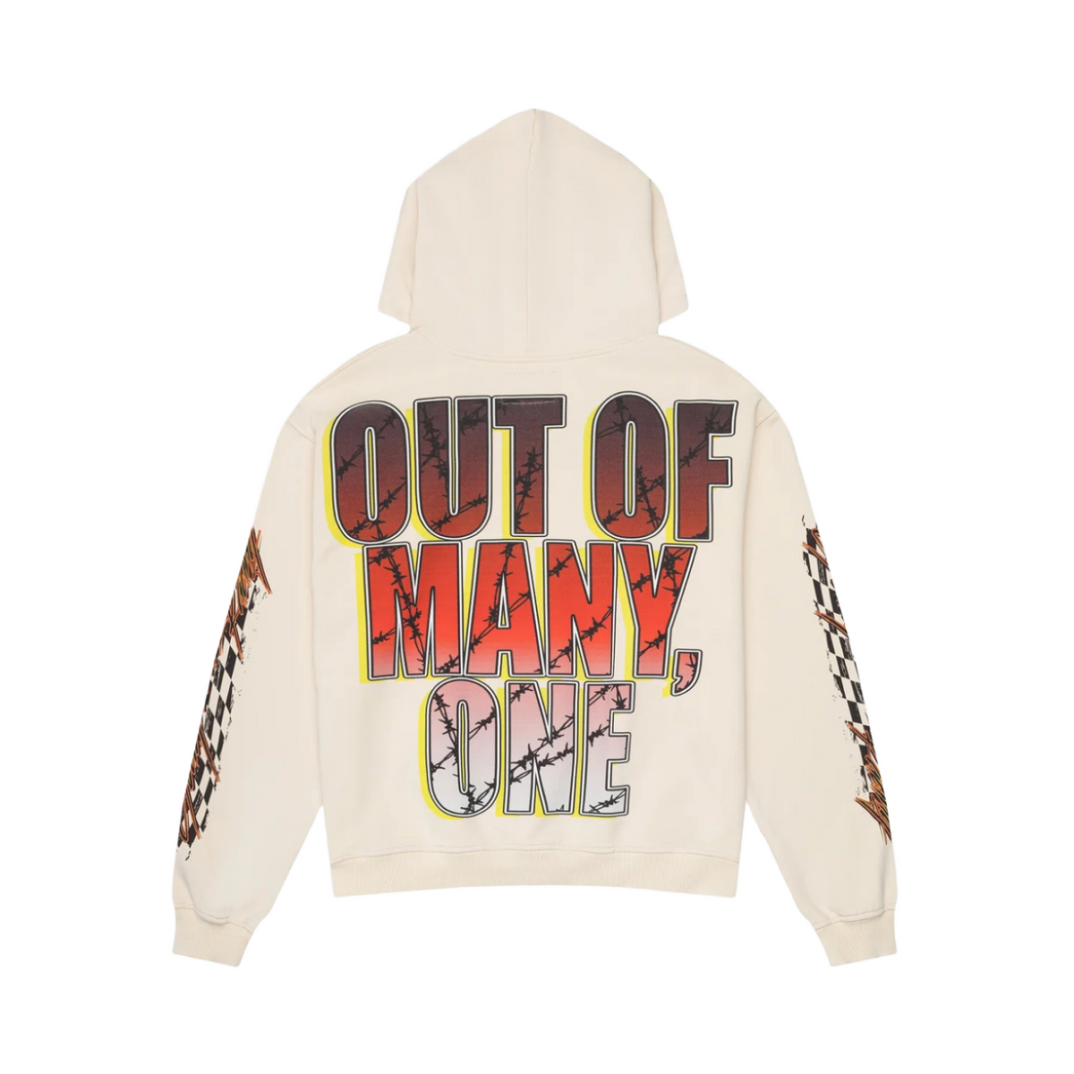 Bone hoodie. Back has "OUT OF MANY, ONE" in red-black barbed wire text with yellow outline. Sleeves have distressed checkerboard.