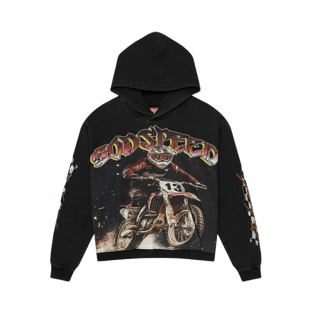 Black Godspeed hoodie with colorful "GODSPEED" text above a motocross rider & bike graphic. Checkerboard sleeves.