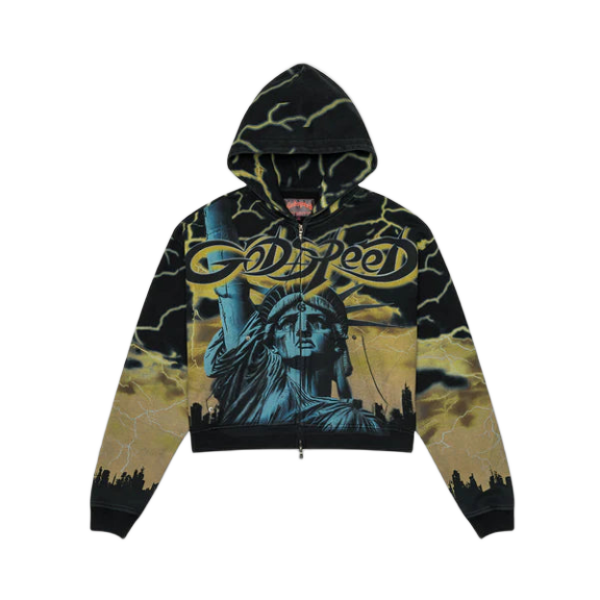 Black/yellow Godspeed Lady Liberty zip-up hoodie with blue Statue of Liberty, yellow lightning, and cityscape graphic.