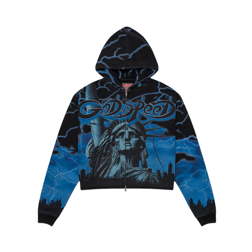 Godspeed black/blue zip-up hoodie with bold Godspeed logo, Statue of Liberty, electric blue lightning, & city skyline.