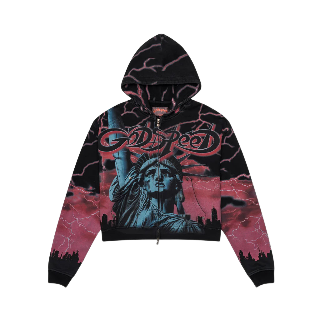 Godspeed black zip-up hoodie with red lightning. Features crying Lady Liberty, Godspeed logo, and city skyline.