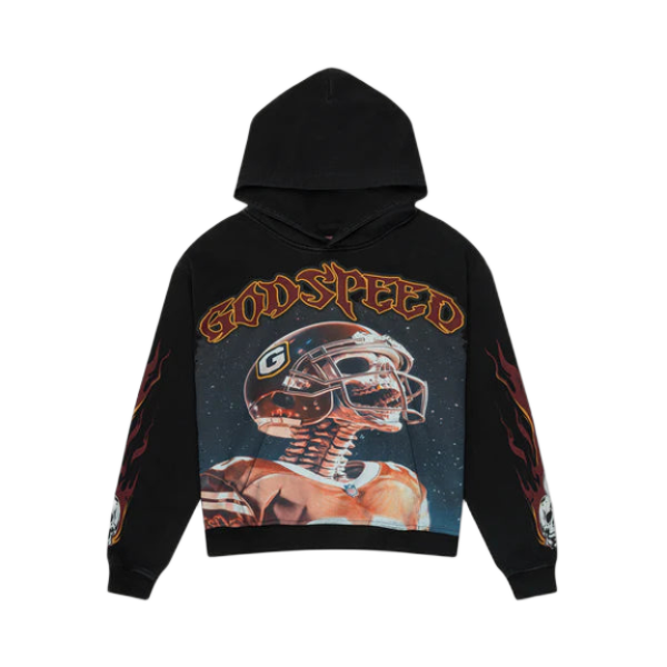 Black Godspeed Morale hoodie. Front: fiery "GODSPEED" text, skeleton in a G-logo football helmet & NFL jersey. Sleeves: red flames & skulls.
