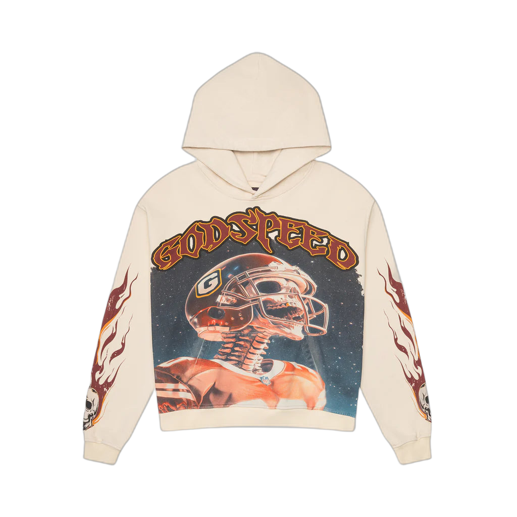 Bone Godspeed Morale Hoodie. Features "GODSPEED" text, a skeleton in a red football helmet, and red flames with skulls on sleeves.