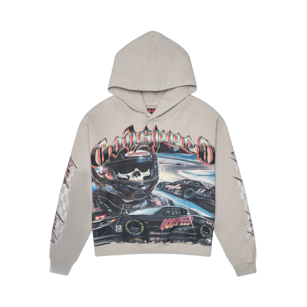 Grey Godspeed hoodie with large front graphic of skull-faced racer in helmet, cars on track, & "Godspeed" text. Checkerboard sleeves.
