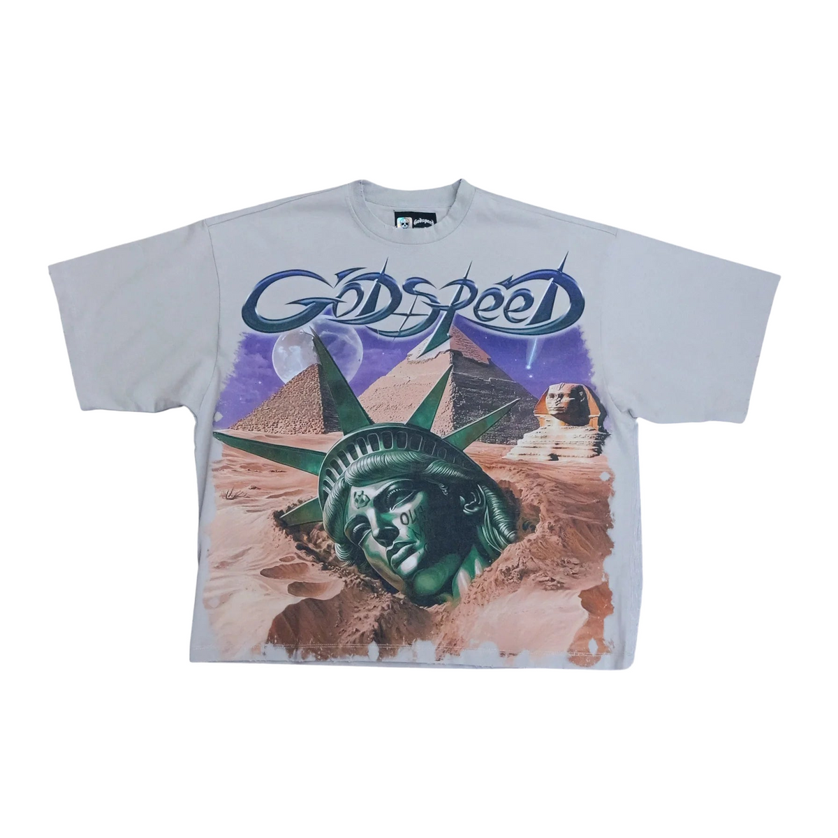 Grey Godspeed Mother Cairo tee with graphic: buried Statue of Liberty head, Sphinx, pyramids under purple sky, bold 'GODSPEED'.