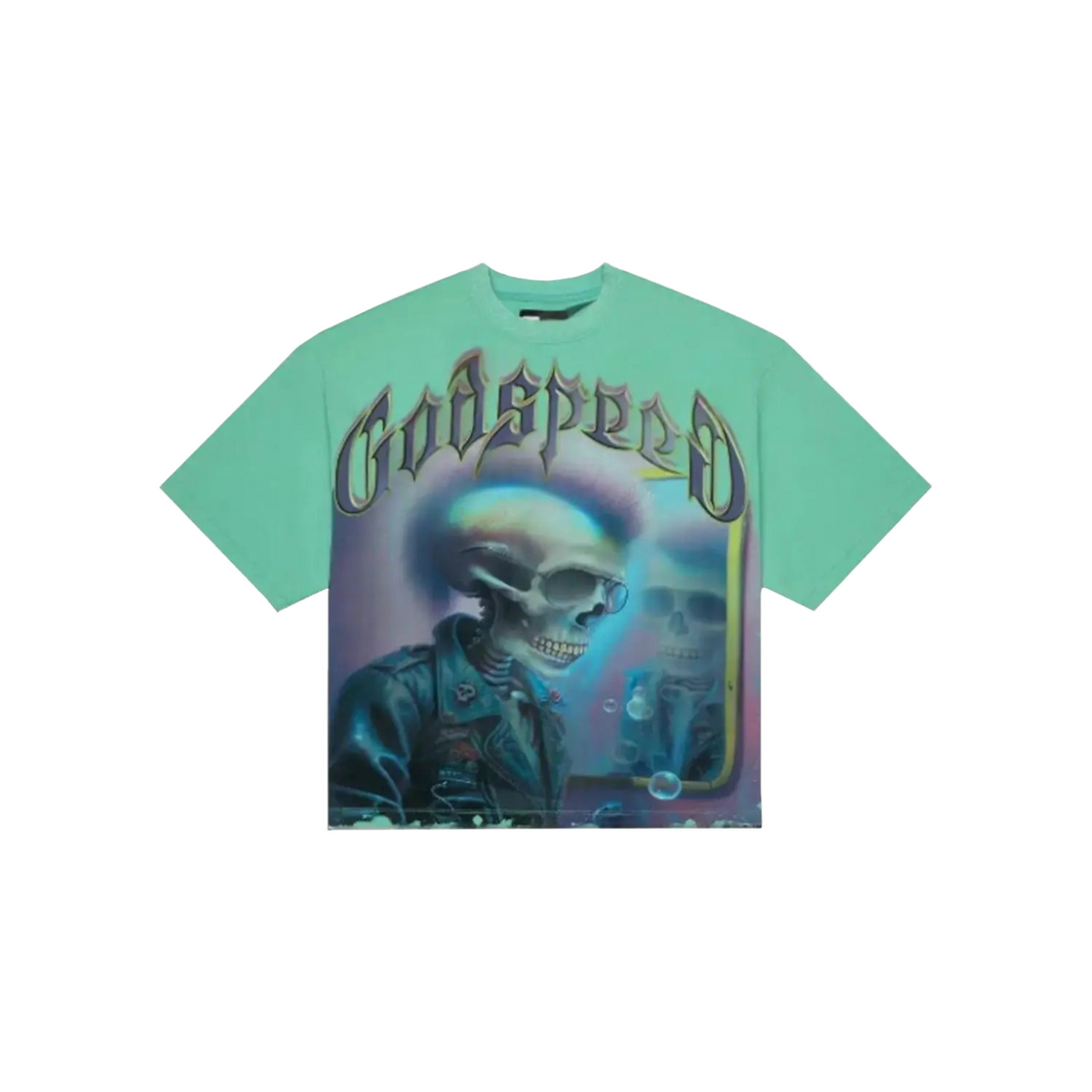 Godspeed men's teal tee. Graphic: skeleton in sunglasses & leather jacket looking in a mirror. Stylized "Godspeed" text.