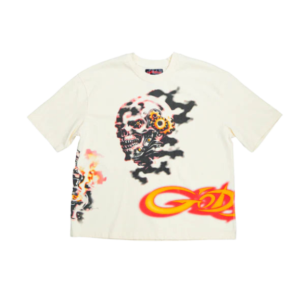 Godspeed cream tee with distressed mechanical skull graphic, yellow gear in eye, black smoke, and fiery red/yellow "Godspeed" text.