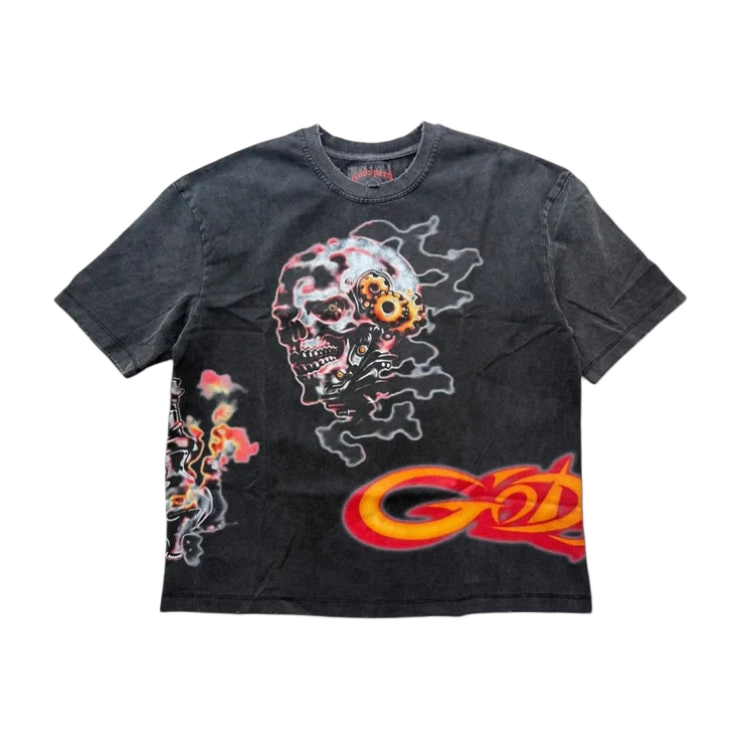 Washed black Godspeed tee featuring a skull with gears, smoky wisps, and red/orange 'GOD' text.
