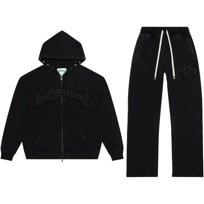 Godspeed black symmetric studded set: full-zip hoodie with arched chest studs, & sweatpants with studded leg patch.