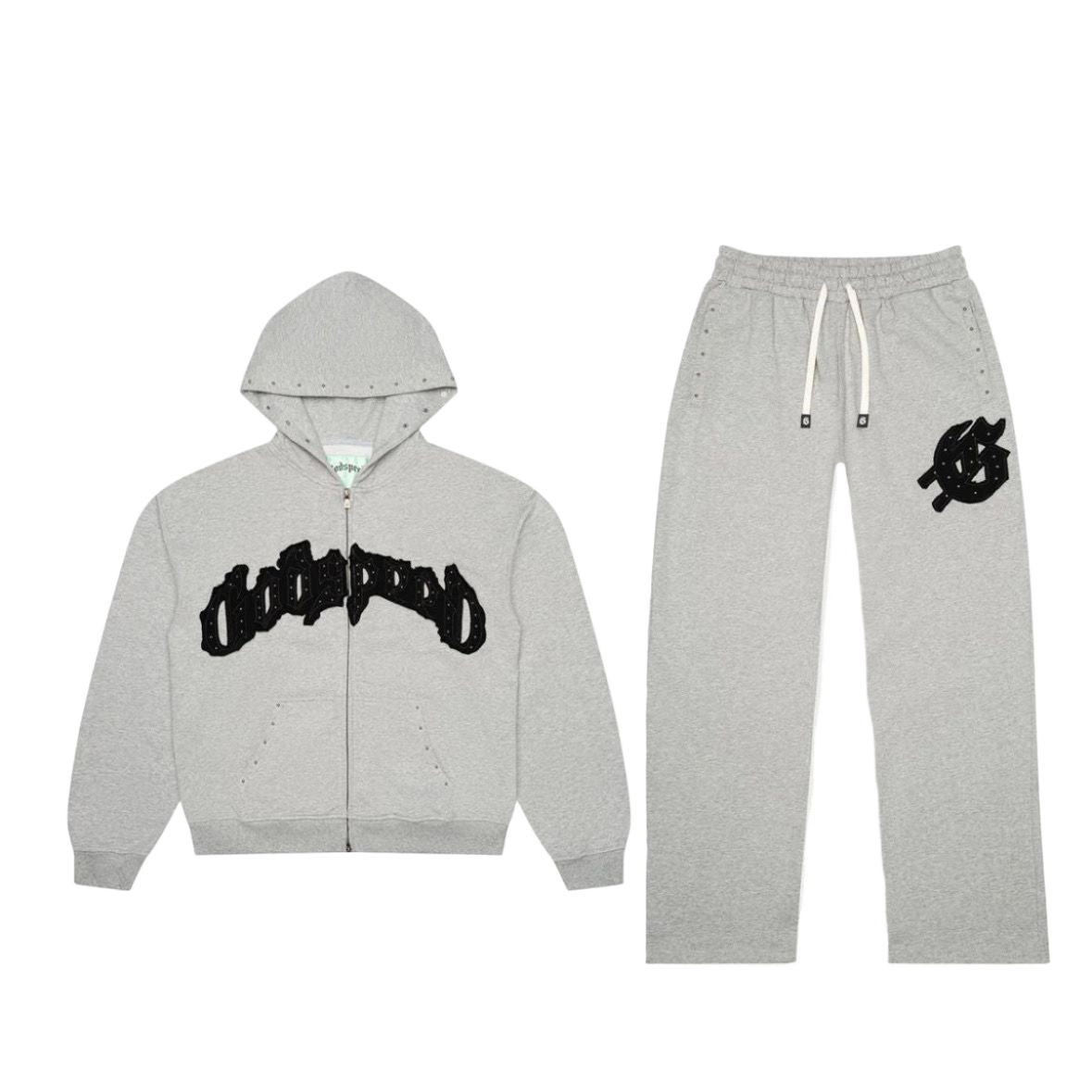 Godspeed grey/black studded set: hoodie with black studded Godspeed text, matching wide-leg sweatpants & studded G-logo.