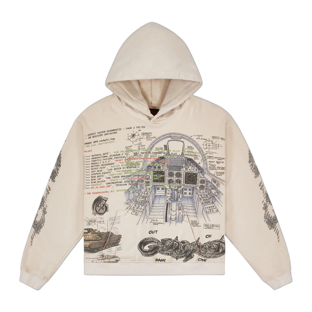 Godspeed 'Art of War' bone hoodie. Front: fighter jet cockpit, tank diagram & 'Out of Many One' text. Military graphics on sleeves.