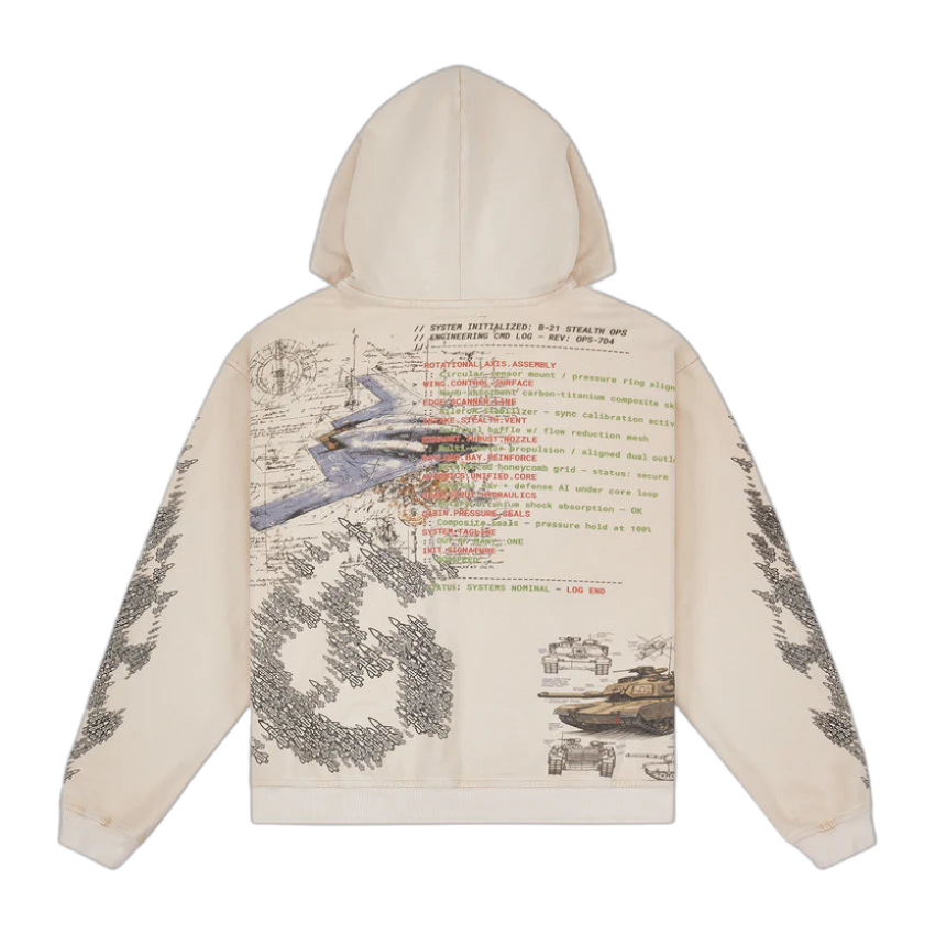 Bone Godspeed Art of War hoodie. Back features B-2 bomber over schematics, red/green system text, tank blueprints, and jet patterns.