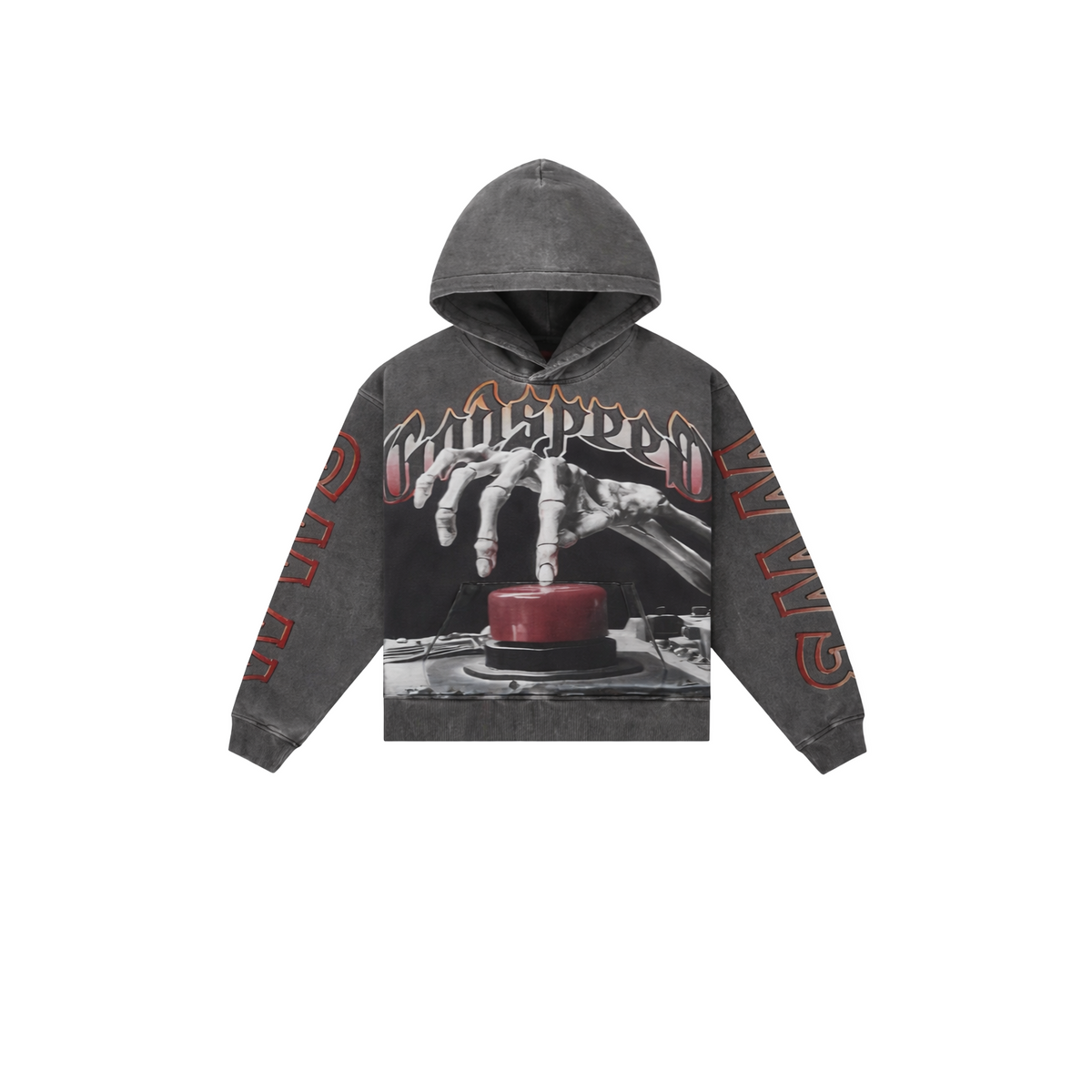 Washed grey Godspeed Code Red hoodie featuring skeleton hand pressing a red button, with red "CODE RED" text on sleeves.