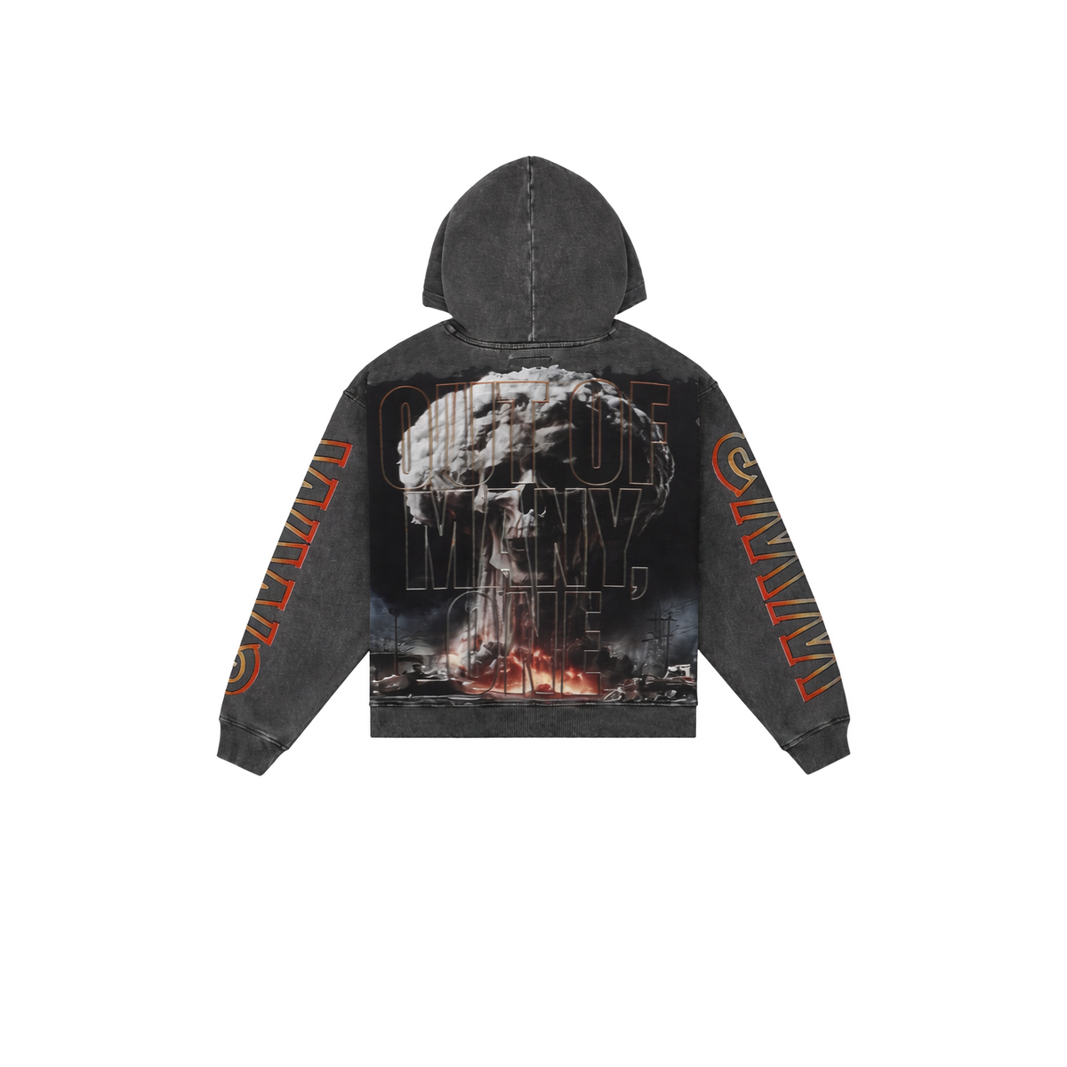 Godspeed Code Red Washed Grey hoodie. Back: Skull mushroom cloud over city. Red 'GODSPEED' on sleeves.