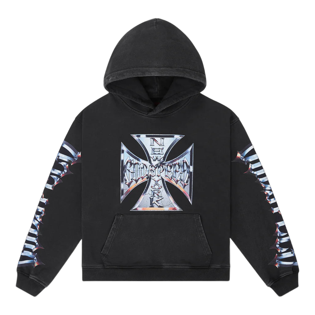 Godspeed black wash hoodie with chrome motto cross graphic on front & patterned sleeves. Pouch.