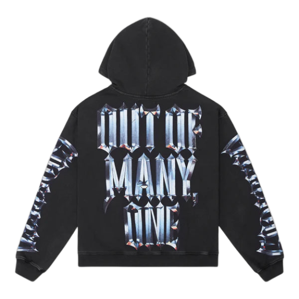 Godspeed Black Wash Hoodie, back view. "OUT OF MANY, ONE" in distressed chrome gothic text on back & sleeves.