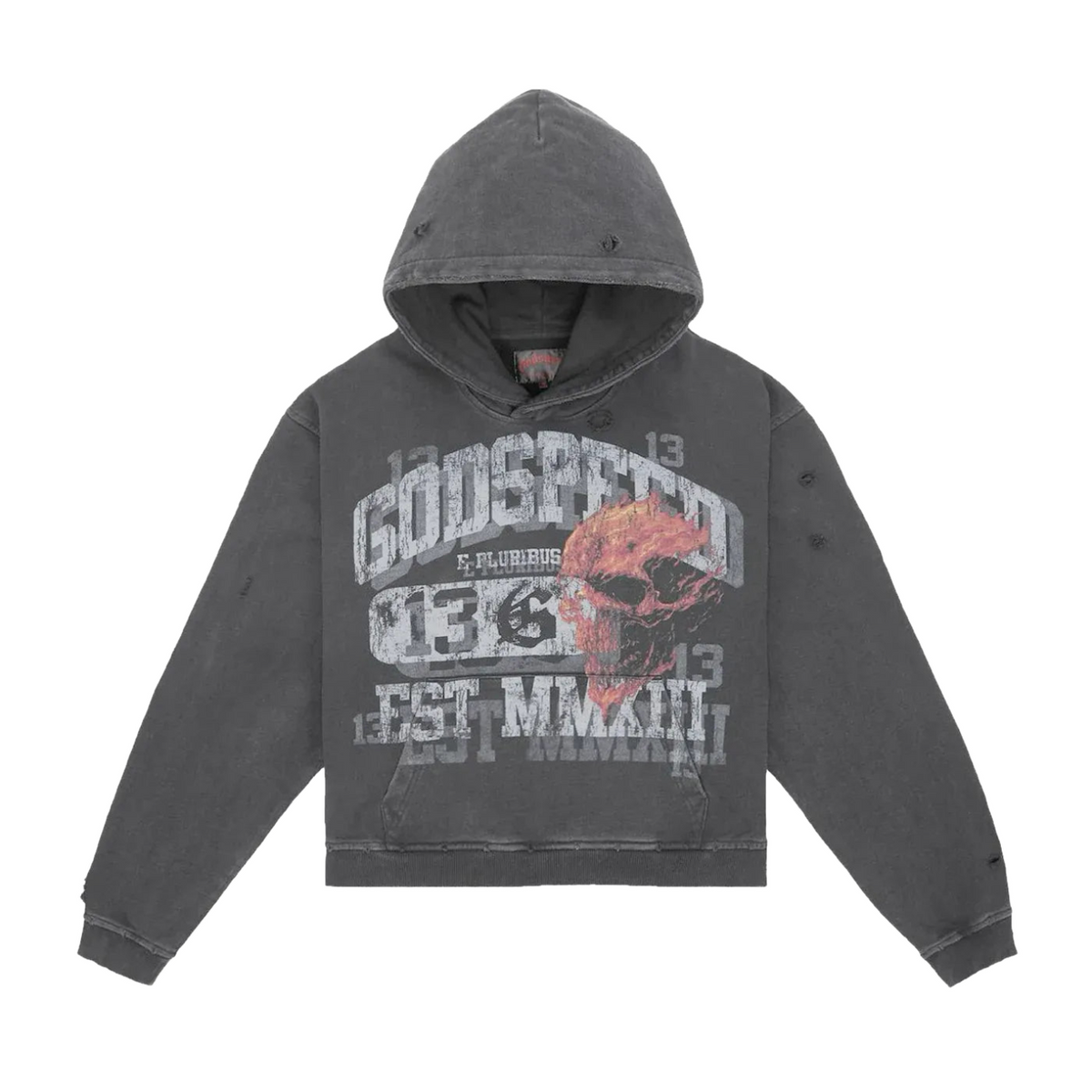 Godspeed Washed Grey hoodie. Distressed white 'GODSPEED' text & red skull graphic. Features ripped details, "13", and "E. PLURIBUS".