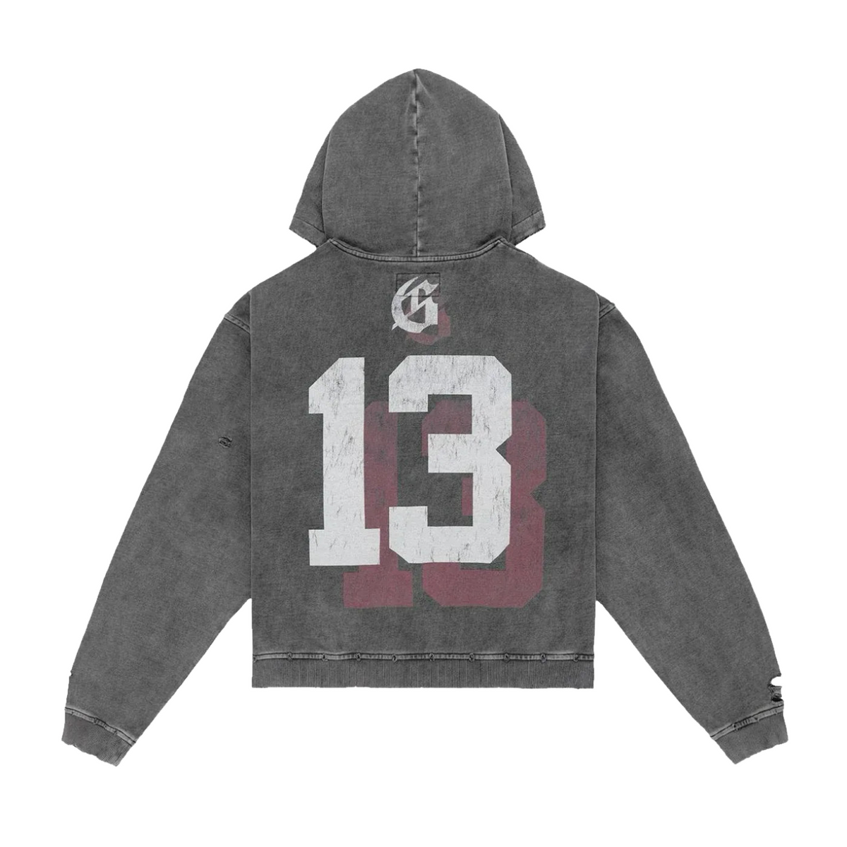 Washed grey Godspeed "Seeing Double" hoodie, back view. Distressed white "13" over a maroon "13", plus "G" logo. Ripped details.
