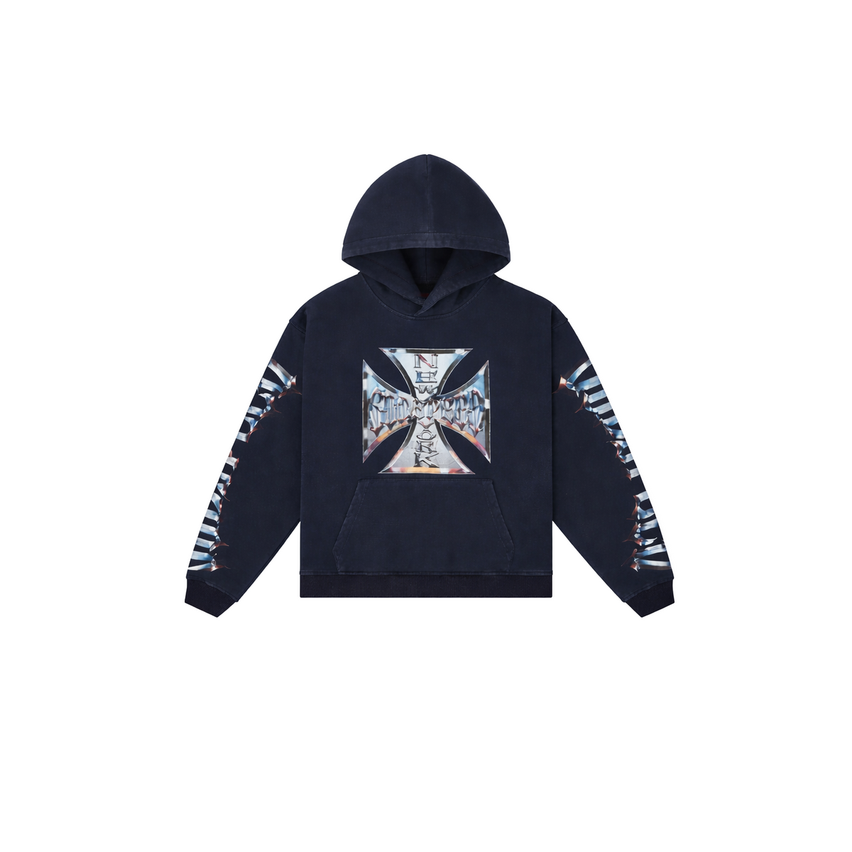 Godspeed Navy Wash hoodie with chrome iron cross graphic on chest, metallic segmented designs on sleeves.