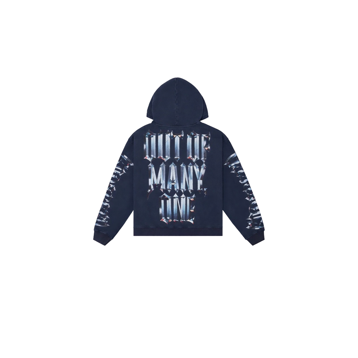 Navy wash hoodie featuring a chrome motto graphic "GOOD LUCK HAVE MANY FAILS" on the back and sleeves.