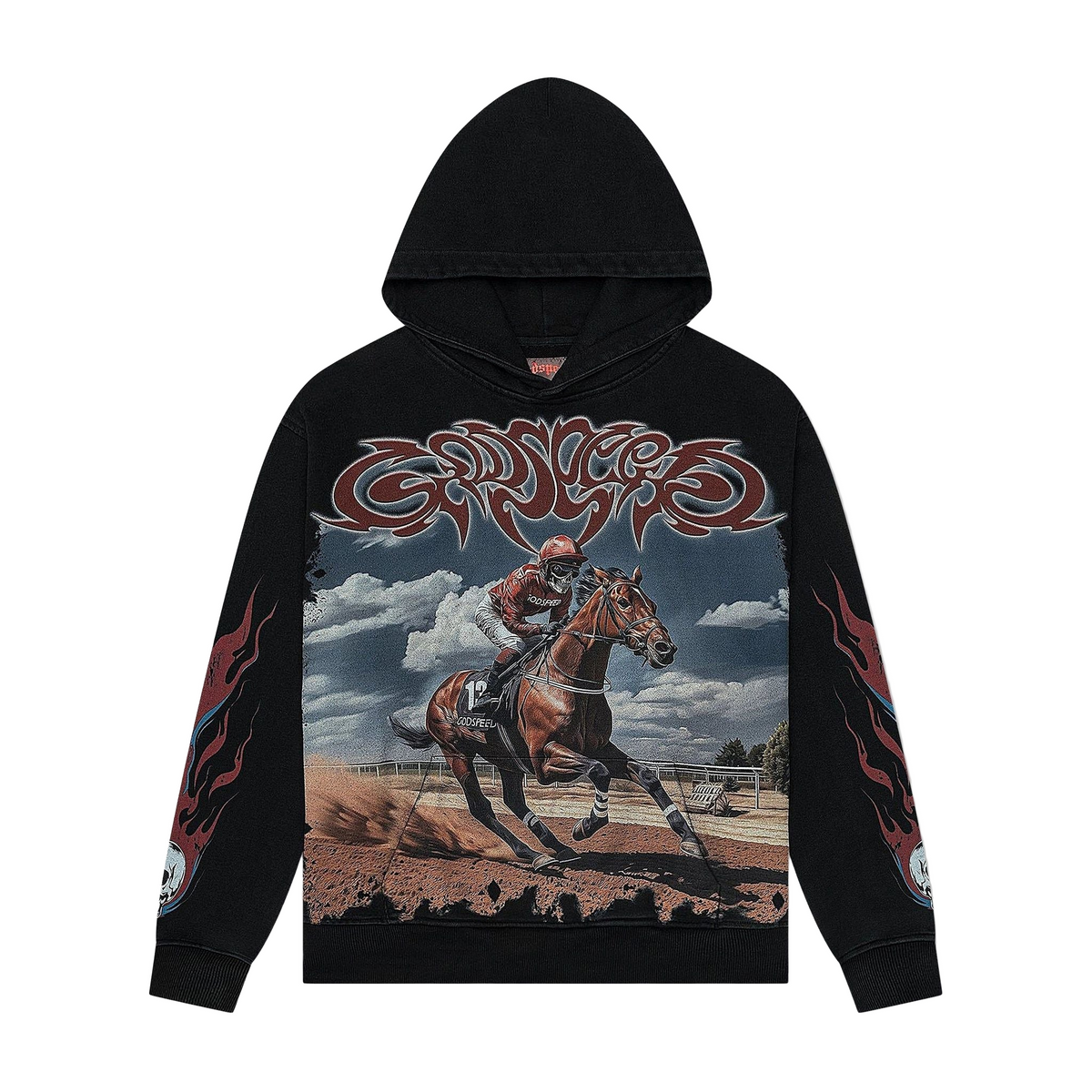 Godspeed Thoroughbred Black Wash hoodie with skull jockey on a racehorse graphic & flaming skulls on sleeves.