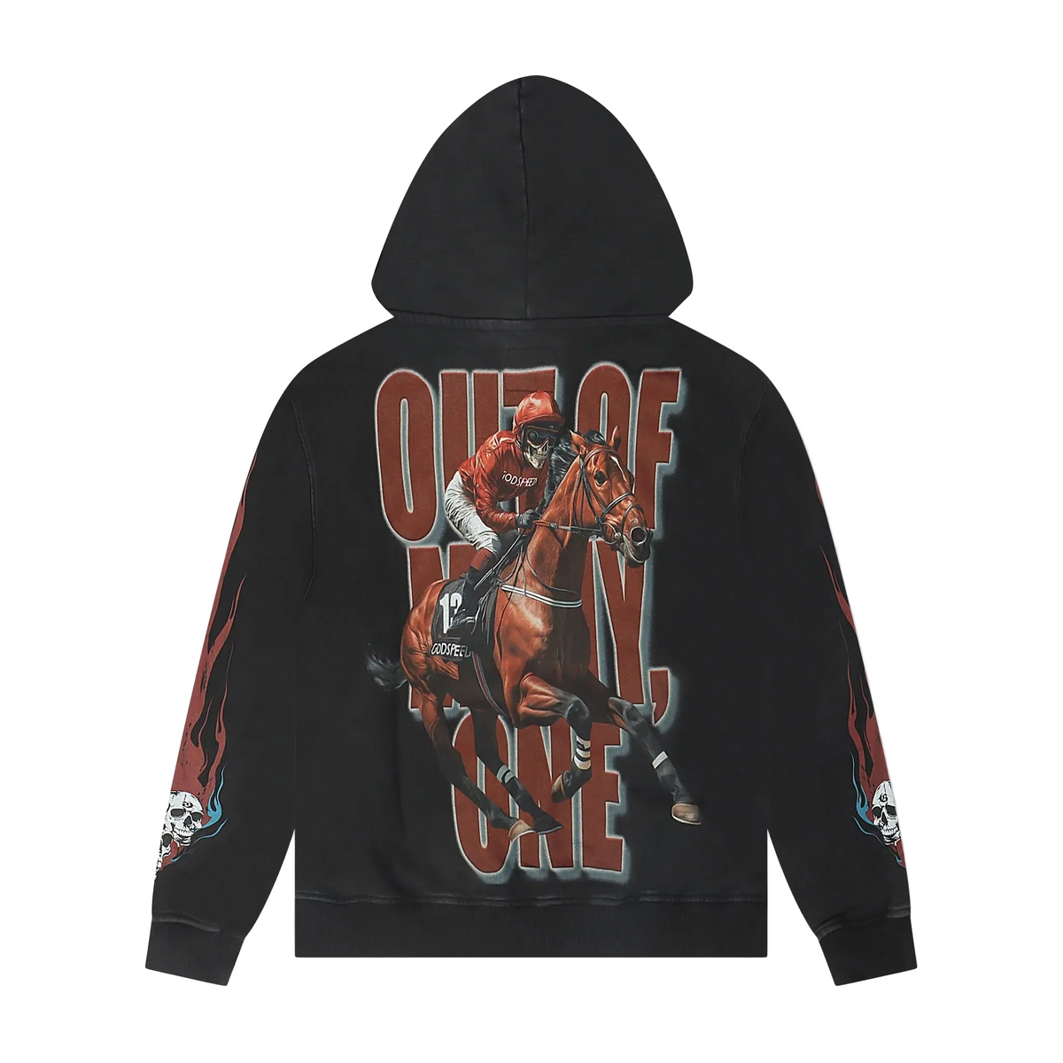 Black wash Godspeed hoodie with a skull-faced jockey on a brown horse, "OUT OF MY WAY ONE" text, and flaming skulls on sleeves.