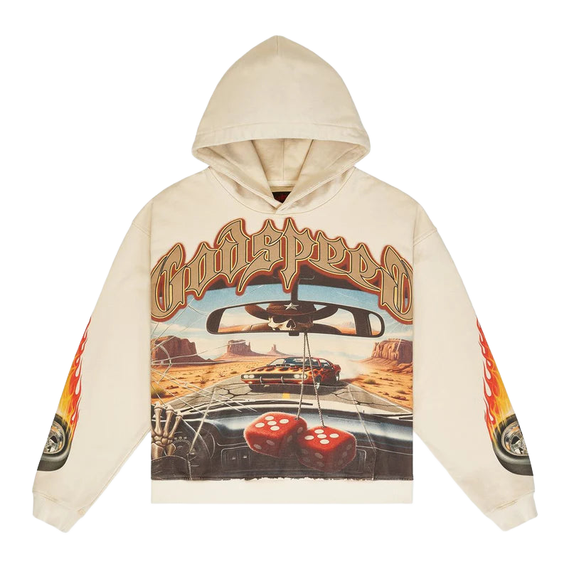 Godspeed bone hoodie. Front graphic: desert road, red muscle car, skull in mirror, red fuzzy dice. Flame sleeves.