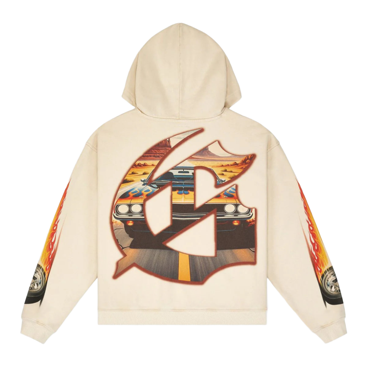 Bone Godspeed hoodie with a large stylized G on the back featuring a yellow flaming muscle car on a desert road. Flame graphics on sleeves.