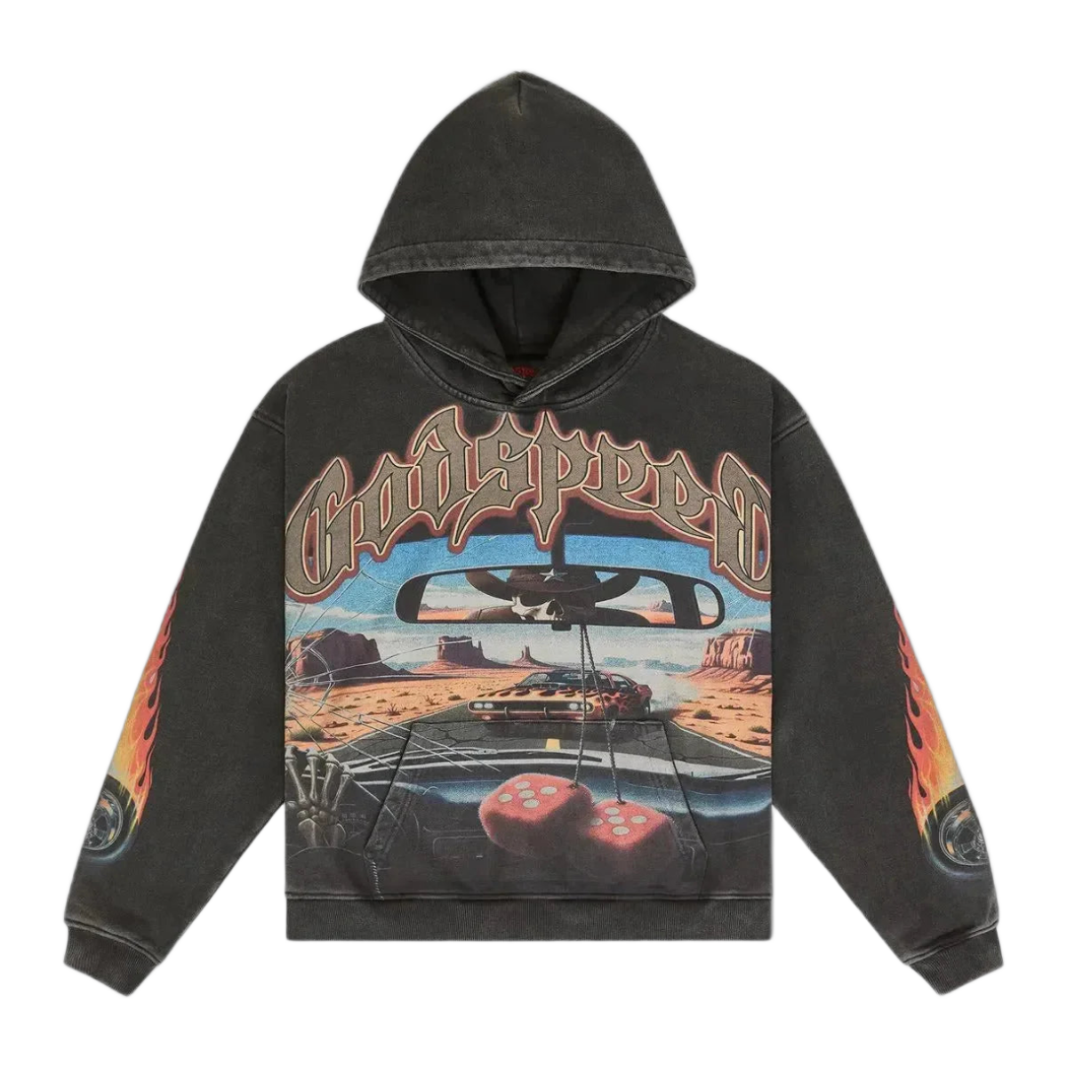 Godspeed Black Wash Hoodie. Front: "Godspeed" text, desert car view w/ fuzzy dice, skull in rearview mirror. Flames & wheels on sleeves.