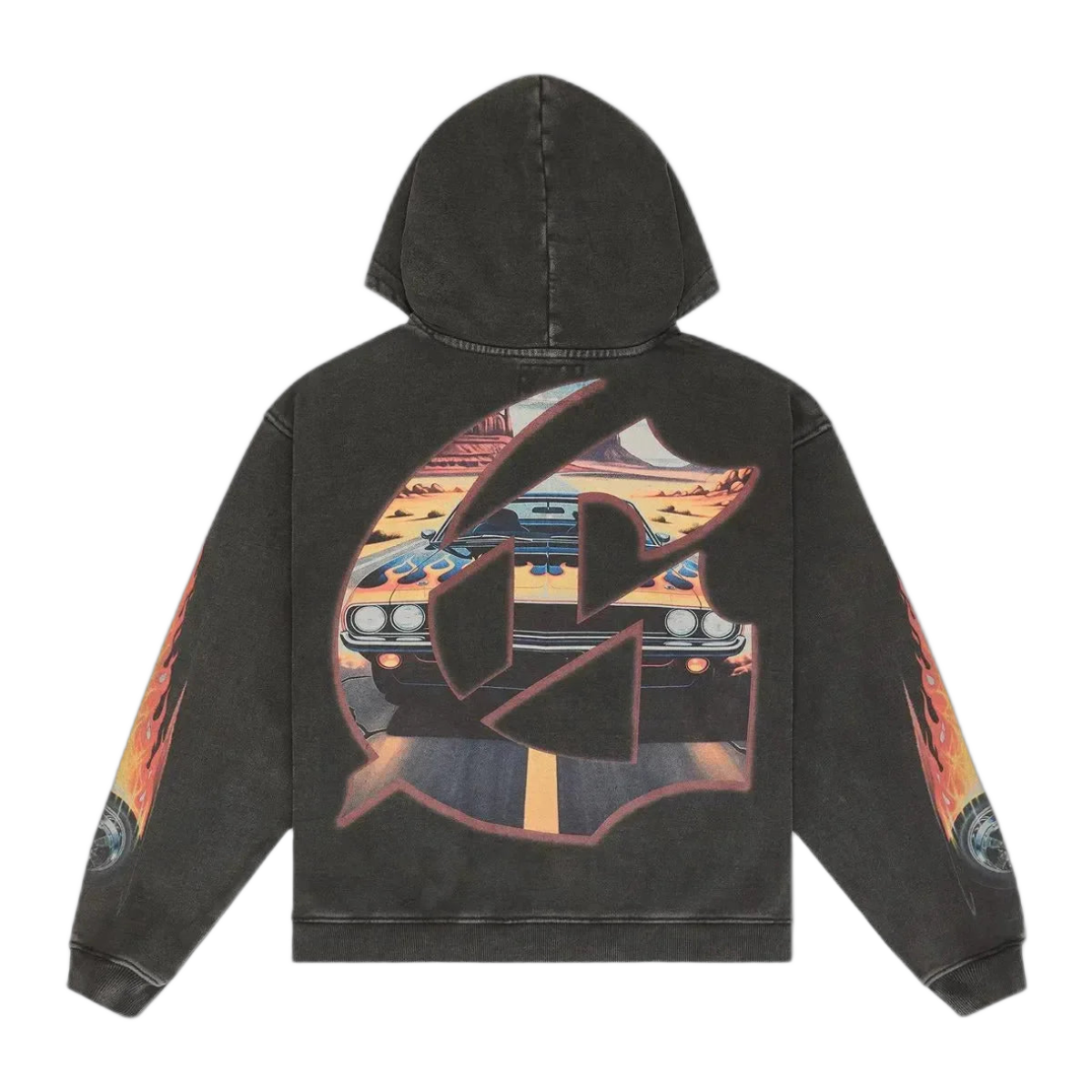 Godspeed On The Run Black Wash Hoodie. Back features a large "G" with a muscle car on a desert road. Flames on both sleeves.