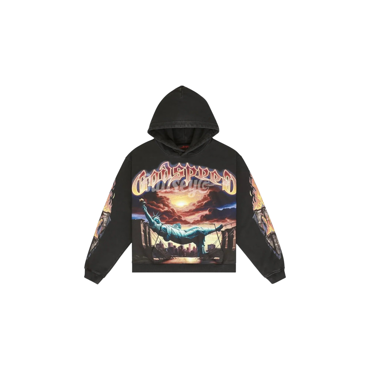 Godspeed black wash hoodie with fiery 'Godspeed' text, reclining Statue of Liberty over ruined city, sunset, and flame sleeves.