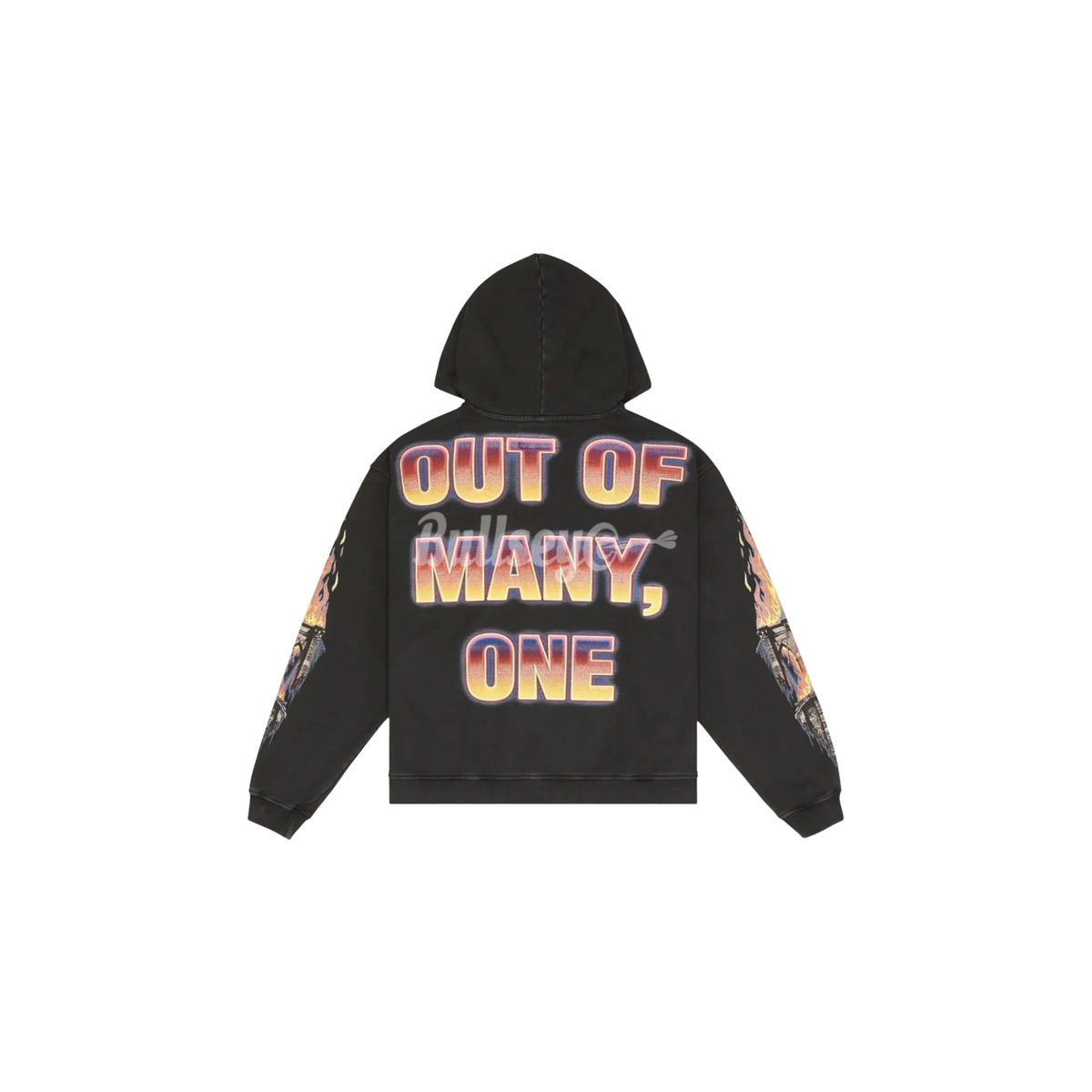 Godspeed Burnt Bridges black wash hoodie. Back: gradient "OUT OF MANY, ONE" text. Sleeves: burning bridge graphics.