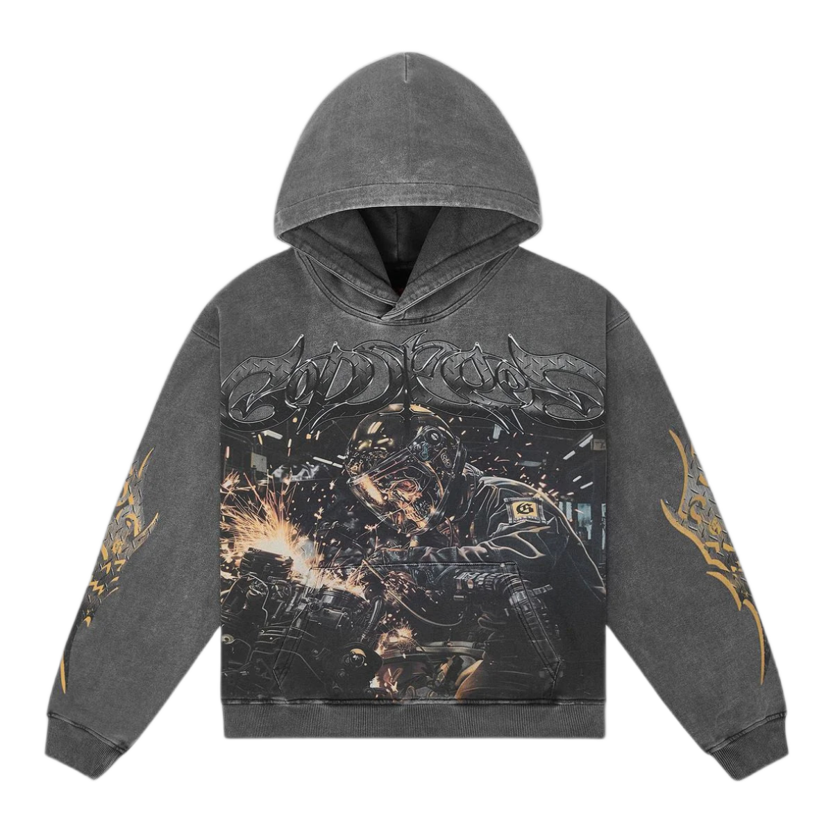 Godspeed washed grey hoodie. Central graphic of a welder with sparks, metallic Godspeed logo, and gold tribal patterns on sleeves.