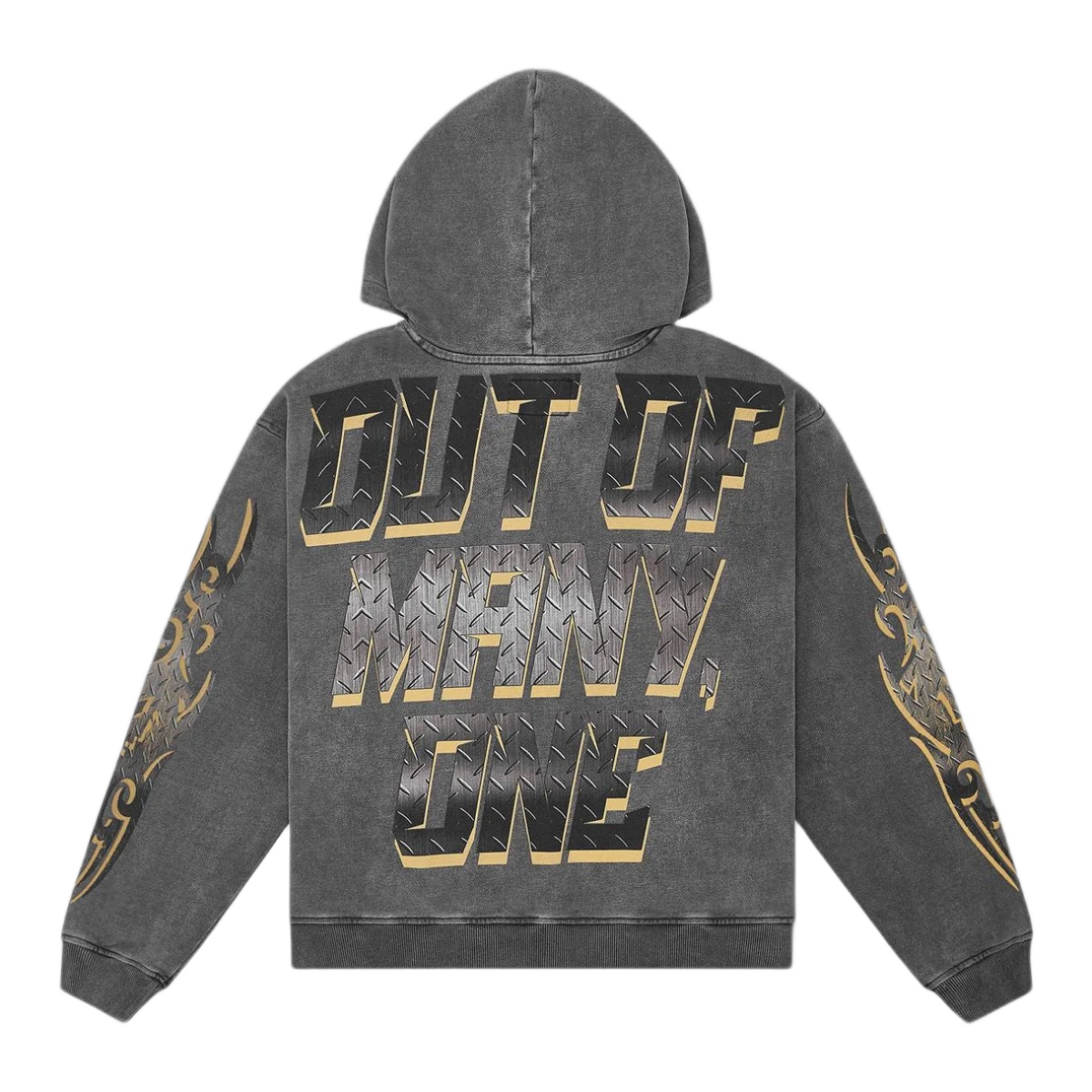 Grey Godspeed hoodie with "OUT OF MANY, ONE" on the back in textured metal lettering with gold outlines. Gold tribal designs on sleeves.