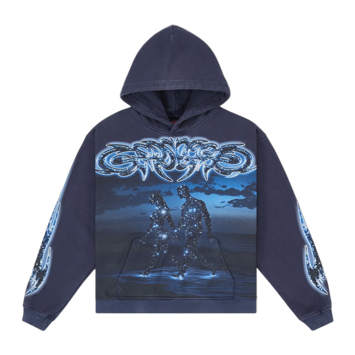 Navy Godspeed Starstruck Hoodie. Blue "Godspeed" text, two star-filled figures walking on water, and blue flame-like sleeve graphics.